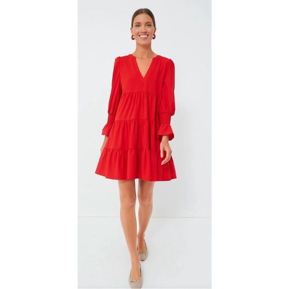 Tuckernot Pomander Place Red Crepe Kenzo Ruffle via-neck long sleeve Dress Sz L - Picture 2 of 16